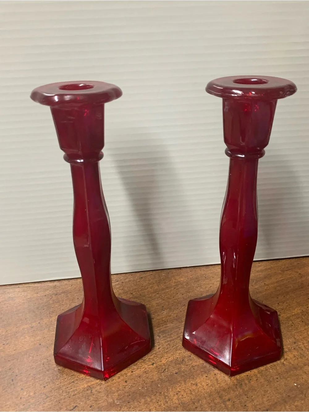 Vintage Red Glass Candlestick Holders - Pair